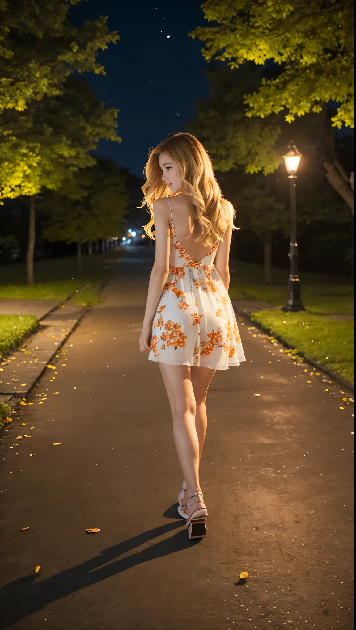 Full Body Shot、Outdoor、masterpiece、Highest quality、High resolution、Realistic、Park at night in pitch black、A woman wearing an orange see-through dress walking alone in a dark, deserted park、The back view of an 18-year-old beautiful girl wearing a white and orange floral dress.、looking back、A beautiful woman flees in fear from a man approaching her in a park in the middle of the night、With her long, wavy, dark blonde hair fluttering、Long legs、Beautiful legs、Platform Sandals、slim、model、Slender、若くてセクシーなグラビアmodel、Chest visible from the side、looking at the camera、Looking up、Permed, long, dark blonde hair、