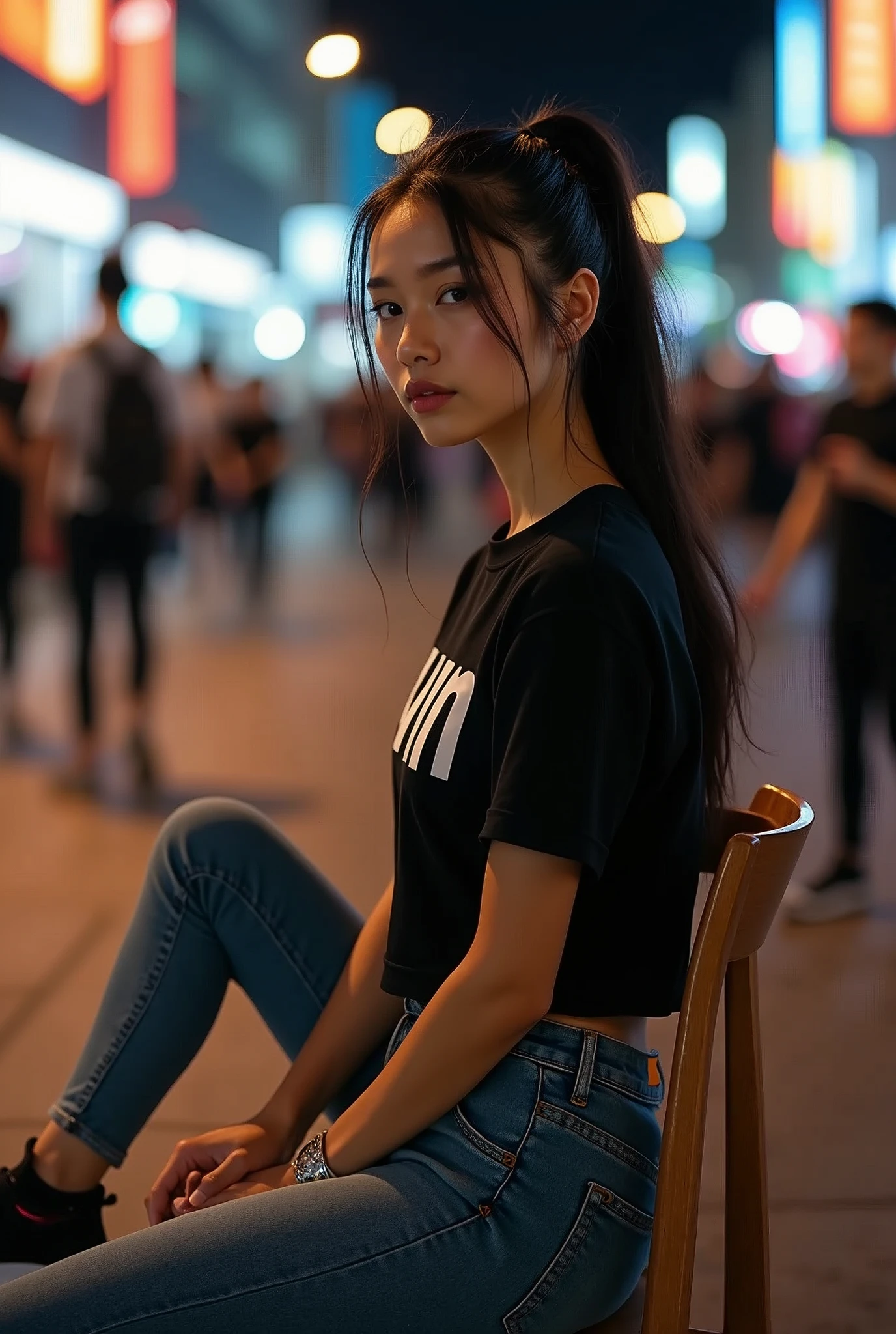 professional portrait photograph of a gorgeous 35years old white women, medium curve body(big breast), ponytail hair(shiny black), wearing casual tight t-shirts (printing with text kelvin)and tight jeans, (nike sneakers), many people((sitting in a chair at nights in the street)), car lights hit her, ultra realistic, highly detailed, sharp focus((full body)), depth of field, f/1. 8, 85mm, (((professionally color graded))), bright soft diffused light, (volumetric fog), trending on tiktok, hdr 4k, 8k