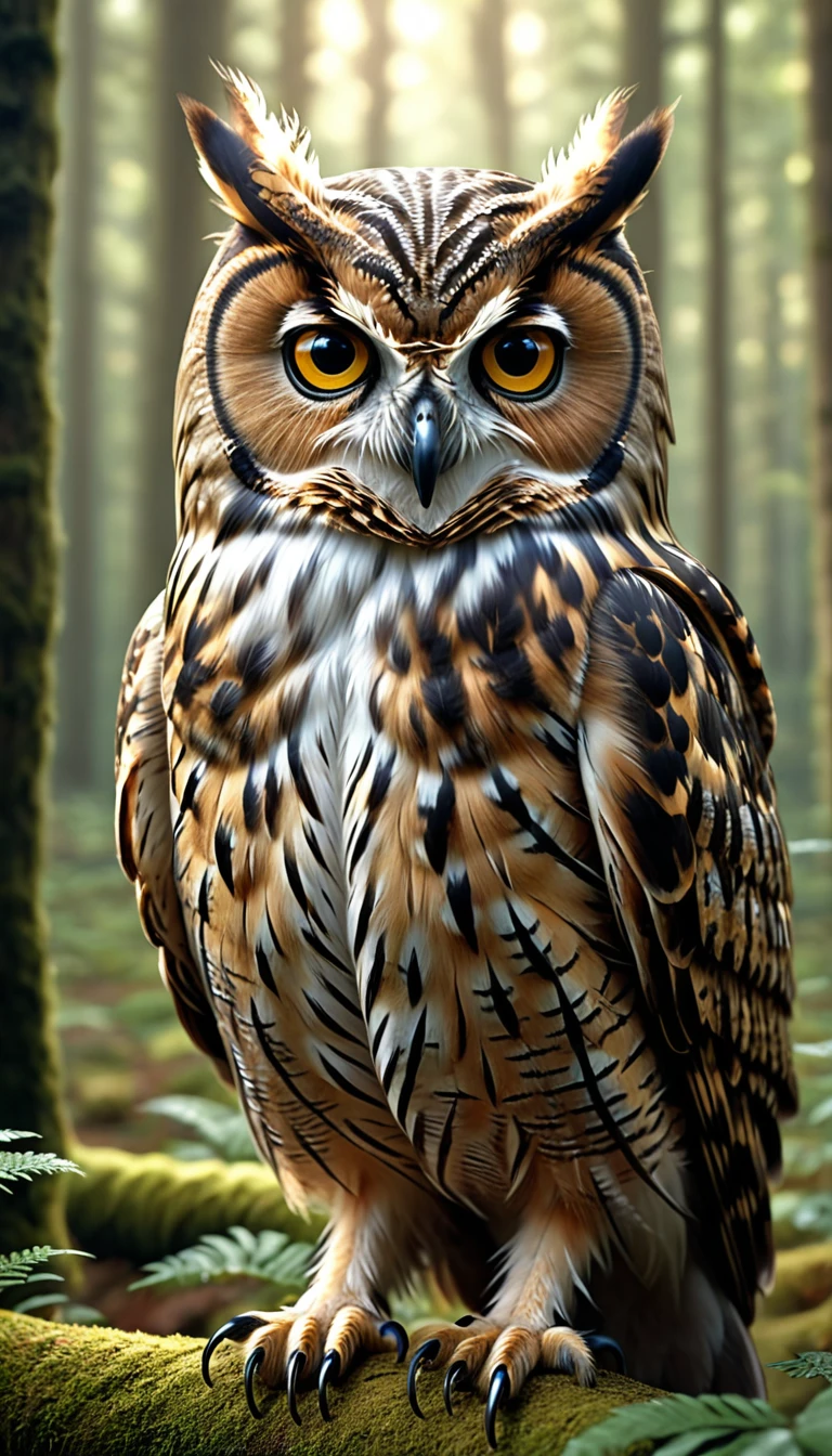 a person with a owl body and four eyes in a forest, highly detailed, (best quality,4k,8k,highres,masterpiece:1.2),ultra-detailed,(realistic,photorealistic,photo-realistic:1.37),extremely detailed animal, intricate patterns, realistic lighting