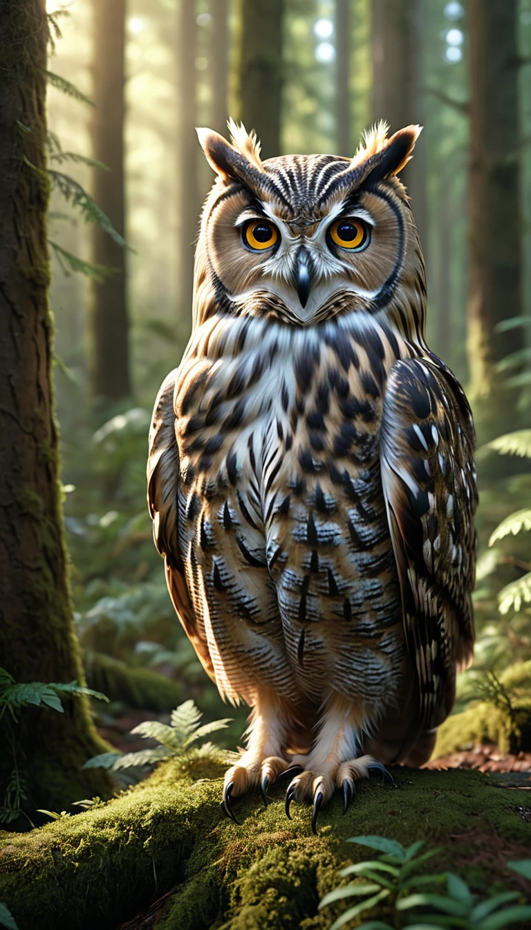 a person with a owl body and four eyes in a forest, highly detailed, (best quality,4k,8k,highres,masterpiece:1.2),ultra-detailed,(realistic,photorealistic,photo-realistic:1.37),extremely detailed animal, intricate patterns, realistic lighting