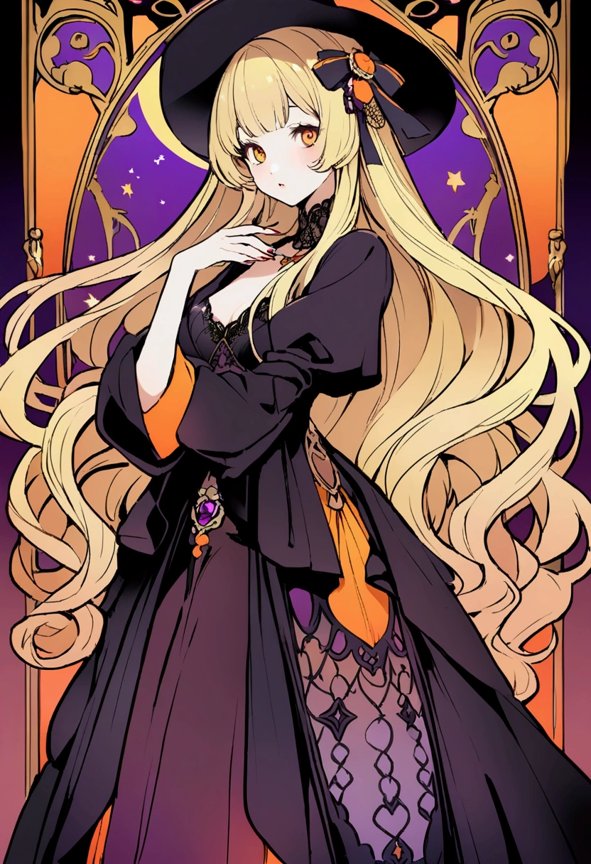 Halloween　A witch with long blonde hair　The background is in the style of Mucha.　gorgeous