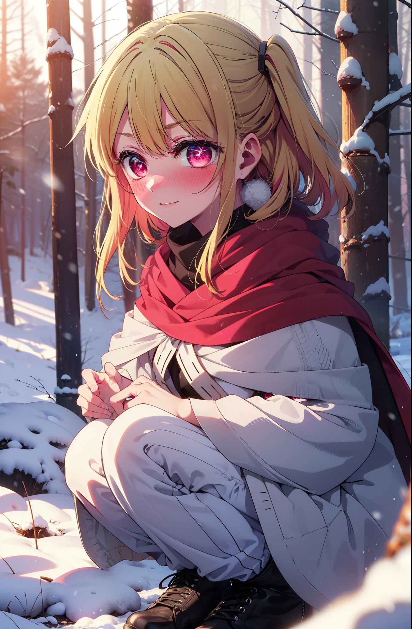 rubyhoshino, Hoshino Ruby, Long Hair, bangs, Blonde, (Pink Eyes:1.3), Side Lock, (Symbol-shaped pupil:1.5), Multicolored Hair, Two-tone hair, smile,,smile,blush,white breath,
Open your mouth,snow,Ground bonfire, Outdoor, boots, snowing, From the side, wood, suitcase, Cape, Blurred, , forest, White handbag, nature, Squat, Mouth closed, Cape, winter, Written boundary depth, Black shoes, red Cape break looking at viewer, Upper Body, whole body, break Outdoor, forest, nature, break (masterpiece:1.2), Highest quality, High resolution, unity 8k wallpaper, (shape:0.8), (Beautiful and beautiful eyes:1.6), Highly detailed face, Perfect lighting, Highly detailed CG, (Perfect hands, Perfect Anatomy),