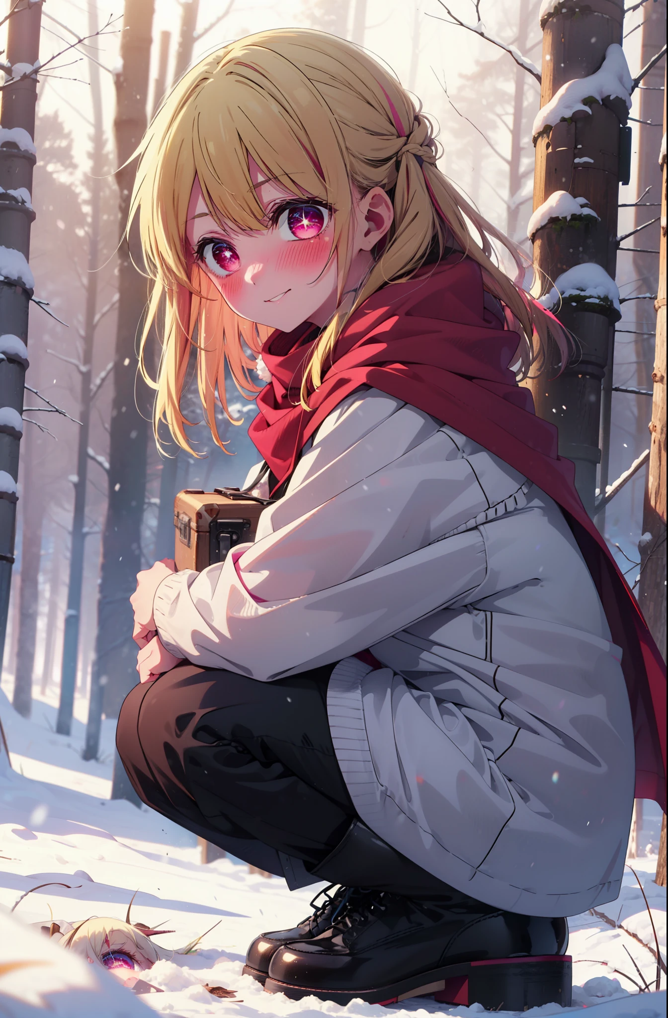 rubyhoshino, Hoshino Ruby, Long Hair, bangs, Blonde, (Pink Eyes:1.3), Side Lock, (Symbol-shaped pupil:1.5), Multicolored Hair, Two-tone hair, smile,,smile,blush,white breath,
Open your mouth,snow,Ground bonfire, Outdoor, boots, snowing, From the side, wood, suitcase, Cape, Blurred, , forest, White handbag, nature,  Squat, Mouth closed, Cape, winter, Written boundary depth, Black shoes, red Cape break looking at viewer, Upper Body, whole body, break Outdoor, forest, nature, break (masterpiece:1.2), Highest quality, High resolution, unity 8k wallpaper, (shape:0.8), (Beautiful and beautiful eyes:1.6), Highly detailed face, Perfect lighting, Highly detailed CG, (Perfect hands, Perfect Anatomy),