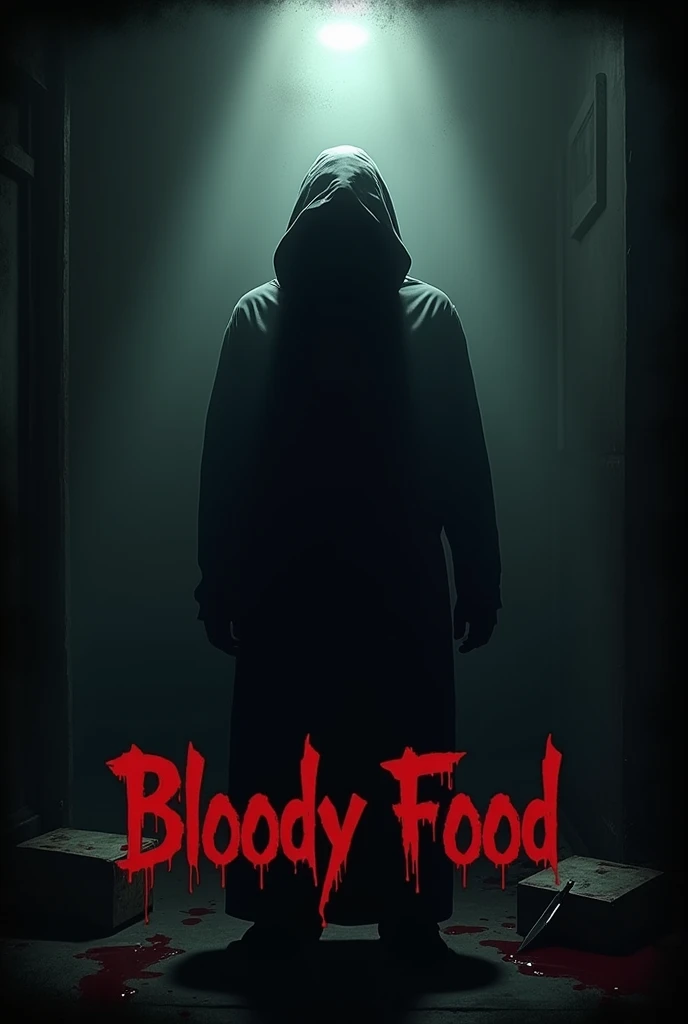 Background: Use a dark and moody background to create a suspenseful atmosphere.Hooded Figure: Place a person in a hoodie in the image, positioned slightly away so they are not clearly visible. Ensure a beam of light falls on the person from above, making them partially obscured to enhance the mysterious effect.Table Elements:Add a food delivery box that appears old or spoiled.Place a blood-stained knife next to the box adn write BloodyFood at the bottom of the image.
Use a dark red font.Apply a dripping blood effect to the letters, making it look like blood is dripping from them.
**All Text Background the wall**:
- **Director and Production Info**: On the top part of the wall behind the man, in small text and in a style similar to thriller movie credits, write: "Directed by Shahriar Rizvi and Toto Action Team. This is a psycho-thriller crime short film. The image is an AI-generated poster for 'Bloody Food,' and there is no connection to reality. Many people are eagerly inquiring about the progress and conclusion of the video. We can say that the work is still ongoing and in the final stages. We are optimistic that the video will be released at the beginning of September!"
**All Text Background the wall**