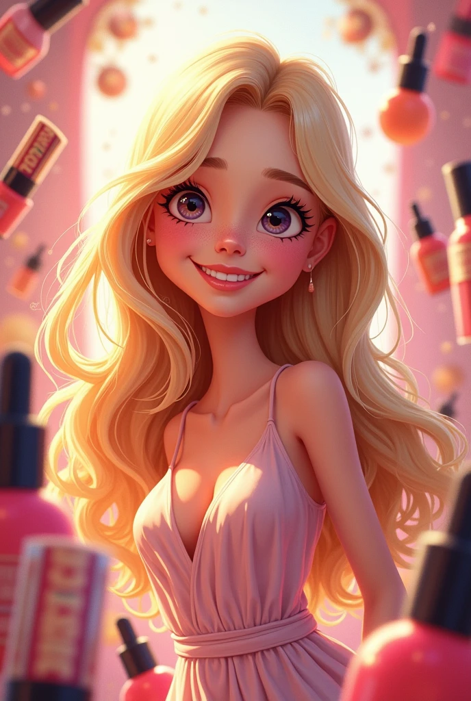 A confident cartoon girl, fair-skinned with long, beautiful, elegant hair, wearing a dress, radiating happiness and vibrancy. Makeup surrounds her, she is healthy and glowing.