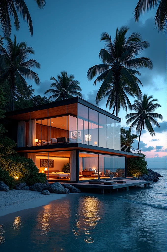 A luxurious house of glass with bedrooms and sitting room with big tv screen , with lamp lights at beachfront and coconut trees At night view
