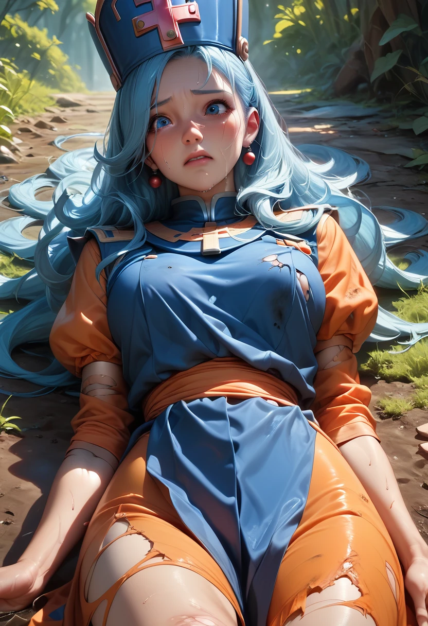 Masterpiece, very detailed drawing, cinematic lighting, light and shadow, detailed face, detailed eyes, alone, woman, beautiful woman, dragon quest, priest, light blue hair, long hair, orange bodysuit, blue priest uniform, priest hat, dirty clothes, torn clothes, looking defeated by slime, nsfw, profuse sweat all over, Shame, embarrassed, red face, teary eyes, on back, outdoors, slime, orgasm, best shot, best angle