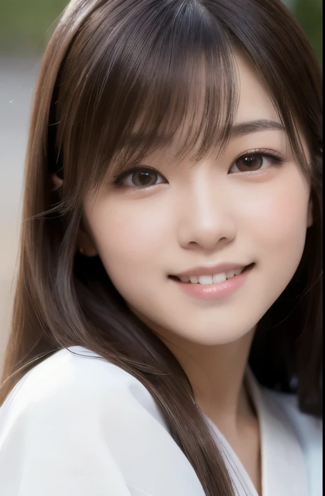 best quality, face focus, soft light, ultra high res, (photorealistic:1.4), RAW photo,(Shinozaki Ai), white skin, kawaii, 1 Japanese girl, solo, cute, (smile), (pupil, lights in the eyes), detailed beautiful face, Medium-sized breasts,(high resolution detail of human skin texture),(long hair),(portrait), upper body, white traditional kimono