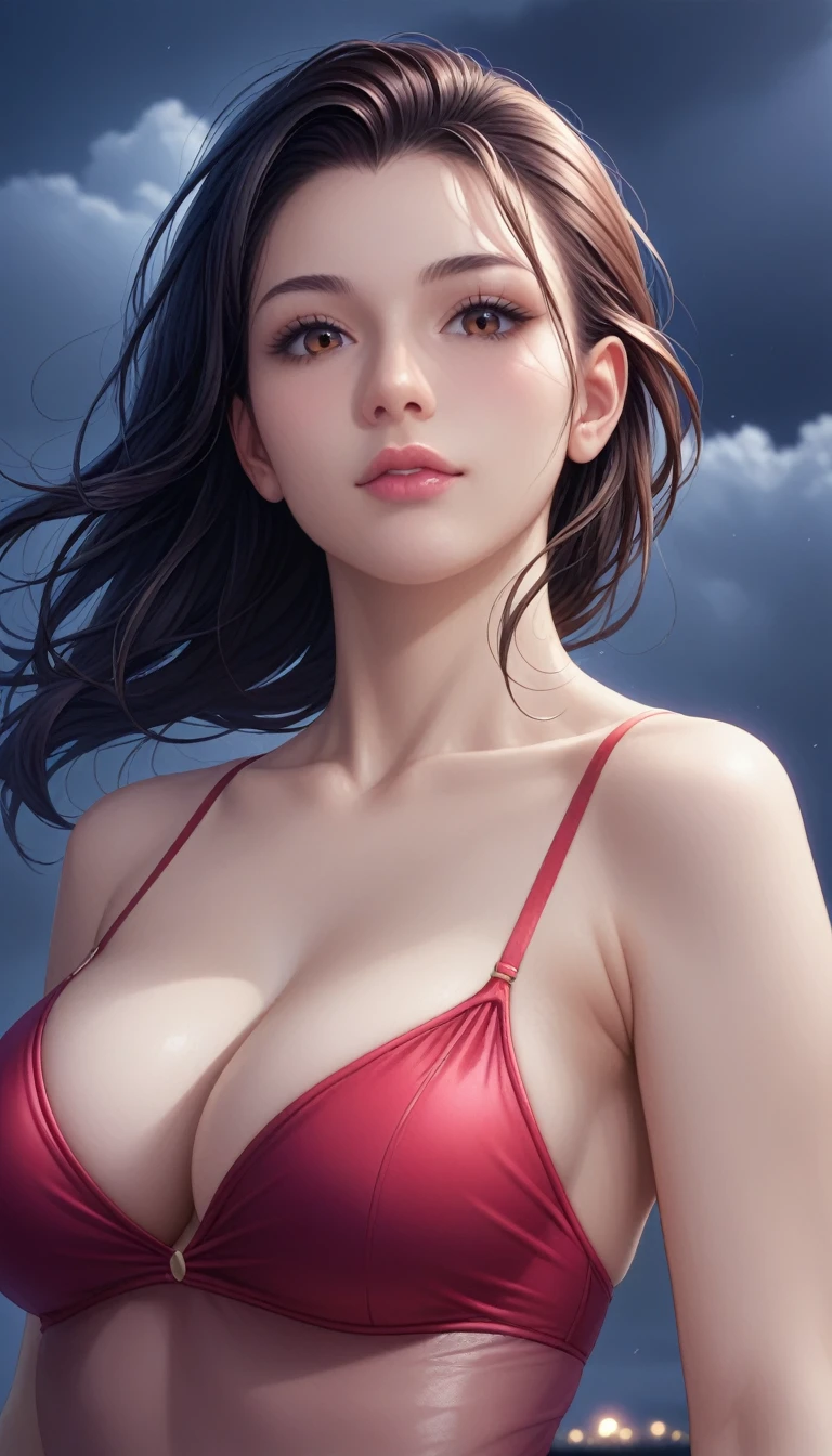 score_9, score_8_superior, score_7_superior, High-resolution CG illustration,A masterpiece in 32K resolution,Highest quality,it is really amazing,Very detailed,Ultra-high resolution,Ultra-realistic,Realistic,Increased depth of field,Cinematic lighting,
Sexy mature Japan woman,
Long black hair,Showing his forehead,Ultra-detailed and beautiful face,Calm and gentle look,Beautiful brown eyes,Translucent white skin,Realistic skin texture,Great proportions,
Elegant red swimsuit,
Simple design,Chic color scheme based on red,Detailed fabric texture,
(Dark overcast sky on a dull night:1.1),(Dark clouds filling the sky:1.1),Thundercloud,Coastline at night,Stormy seas,delay々A desolate sandy beach that continues,
(Beautiful cleavage:1.1),Low - Angle,
