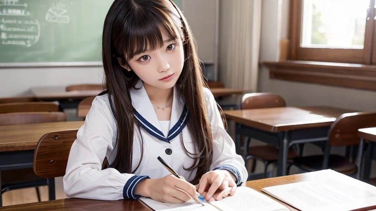 ((Tabletop, Highest quality)),Best aesthetics,1 personの少女, school uniform, desk work, Sitting, School desk, Brown Hair, Crude room, Long Hair, indoor, Chair, View your viewers, :p, Focus Only, Brown eyes, skirt, Long sleeve, pencil, 1 person, Brush case, paper, Seraph of the Black, plural, pleated skirt, Sailor collar, bangs, Headrest, school bag, 学校のChair, Chairに座って足を組む,Perfect body、(((女性1 person)))、(((Beautiful and accurate five fingers)))