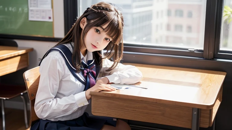 ((Tabletop, Highest quality)),Best aesthetics,1 personの少女, school uniform, desk work, Sitting, School desk, Brown Hair, Crude room, Long Hair, indoor, Chair, View your viewers, :p, Focus Only, Brown eyes, skirt, Long sleeve, pencil, 1 person, Brush case, paper, Seraph of the Black, plural, pleated skirt, Sailor collar, bangs, Headrest, school bag, 学校のChair, Chairに座って足を組む,Perfect body、(((女性1 person)))、(((Beautiful and accurate five fingers)))