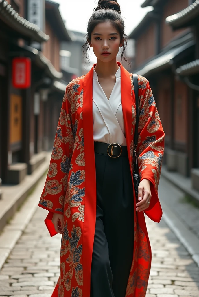 "A Japanese woman model walking through the ancient streets of Kyoto, dressed in a sleek, modern outfit that flows with the elegance of a kimono. Her fashion-forward ensemble features a striking pop of color, blending urban sophistication with classic charm. The outfit showcases a new standard in fashion, where traditional Japanese aesthetics meet contemporary design, creating a smooth and graceful look that redefines modern style in the heart of a historic city."