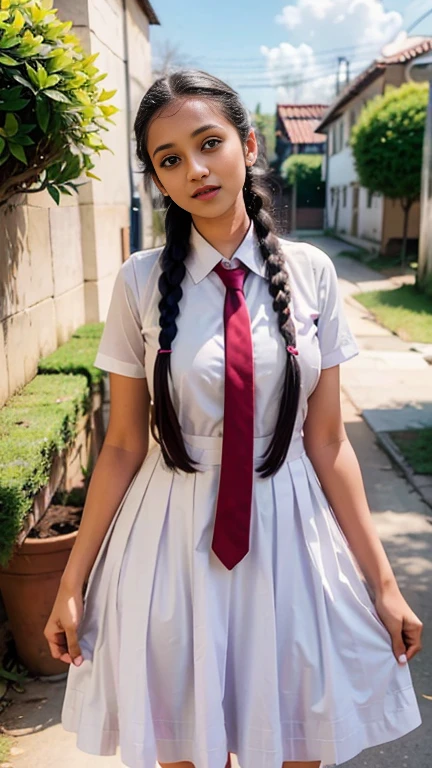 Raw photo , 1 girl ,Wearing white frock and color tie, white shoes ,sri lanka school girl, with plait, big breasts, sexy , professional photographer, (hdr:1.4), masterpiece, ultra-realistic 8k, perfect artwork, intrincate details, cute face, award winning photograph, (Best quality, 8k, 32k, Masterpiece, UHD:1.3) ,