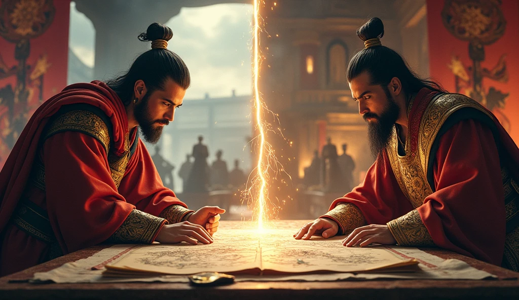 Design a split-image showing Alexander the Great and Emperor Qin Shi Huang amidst their grand plans. On the left, depict Alexander at his strategic table, covered with maps and plans for further conquests. His expression should be one of fierce determination and ambition, with a hint of weariness as he considers his next move. The backdrop should include a war room filled with maps and banners, with a stormy sky visible through the windows.On the right side, illustrate Emperor Qin Shi Huang reviewing his grand plans for the Great Wall and the Terracotta Army. Show him examining detailed scrolls and models of the Great Wall, with a look of intense focus. The room should be filled with blueprints and models of the Terracotta figures, and the scene should capture the grandeur of his projects, contrasted with the creeping shadows of his growing obsession and eventual demise."