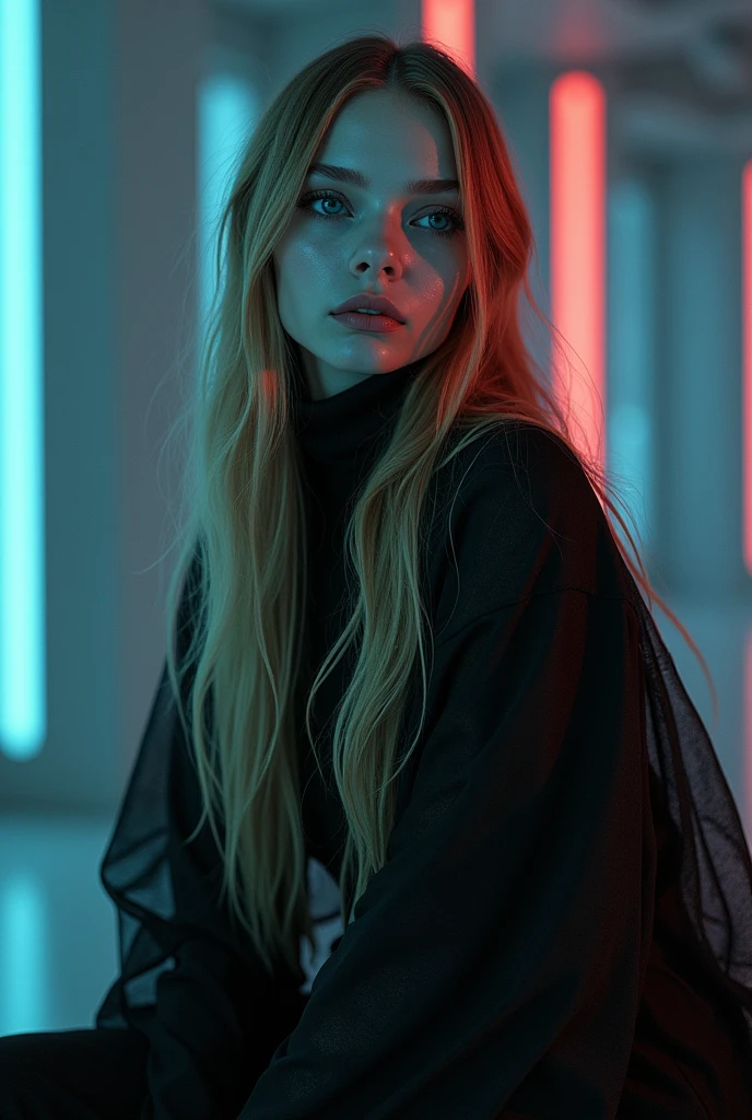 Fashionable of androgynous alien looking witch wearing veil, glowing eyes, beautiful evil slavic muscular woman, pale skin, long light brown gold hair, futuristic design, minimal details, givenchy, photoreal, 200mm, hd, f/ 2.0, highly detailed, surreal , drop dead, in the style of red and blue, (intricate details, hyperdetailed:1.15) (skin texture:1.2), cinematic, professional, 4k, (((dynamic model pose))), sitting, full body