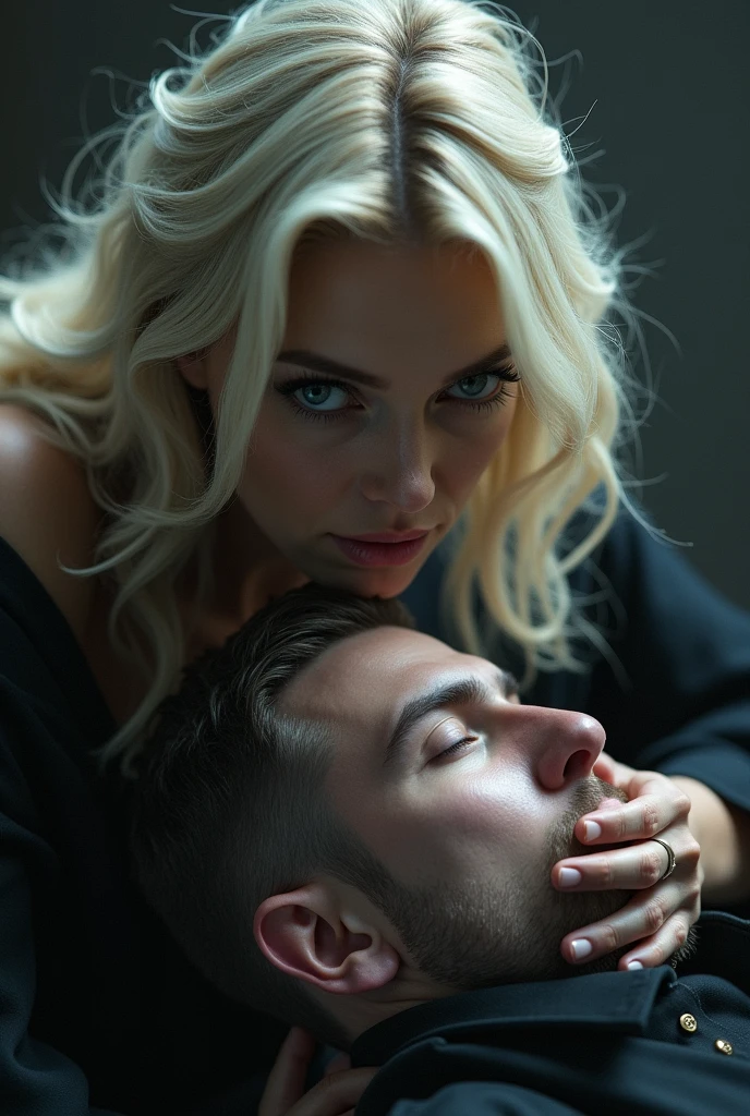 A blonde woman, with blue eyes and very fair skin dominating a man.