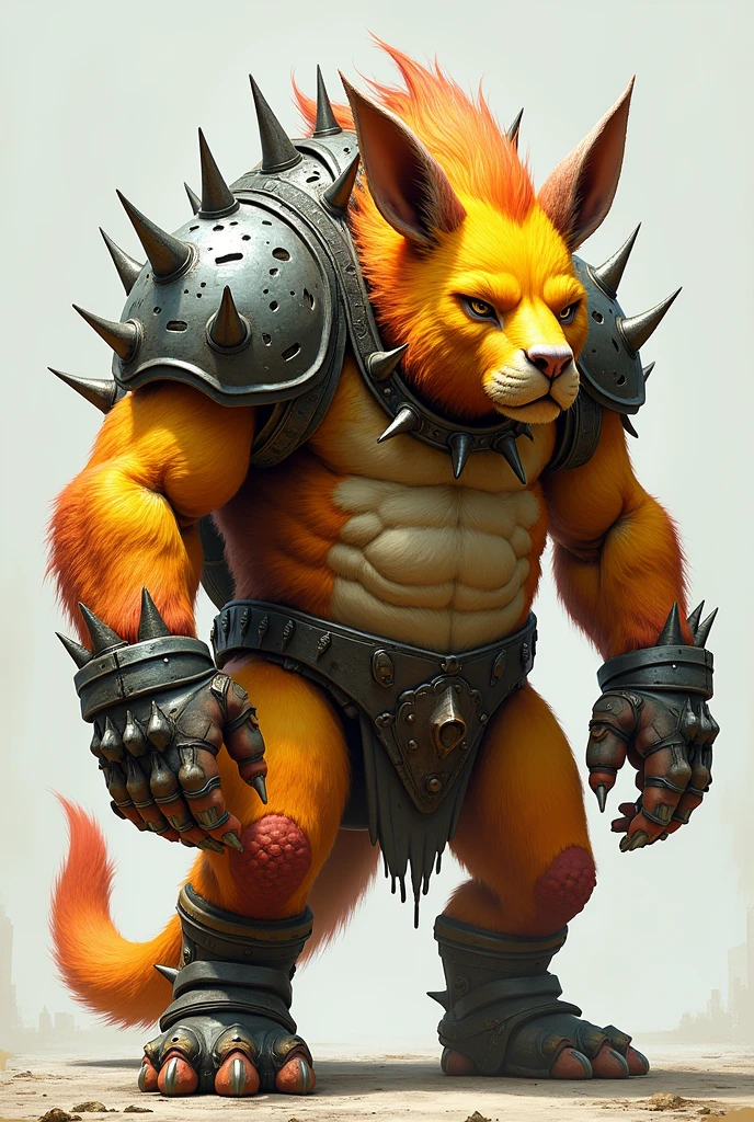 The beast was as large as an elephant.


It stood about three meters tall. Its sturdy limbs resembled those of a big cat, but its head looked like a furry bulldog, with floppy rabbit-like ears.

Its coarse fur covering its entire body transitioned from a bright yellow to orange, akin to flames.

However, strangely enough, it was covered in irregularly sized metallic scales that seemed to seep out from between its fur. The dense covering on its back resembled either an armadillo’s shell or the armor plating of an animal-type combat robot. Its thick tail covered in armor was nothing less than a deadly weapon.


Around its head, metallic parts rose significantly, resembling either devil’s horns or a crown, 