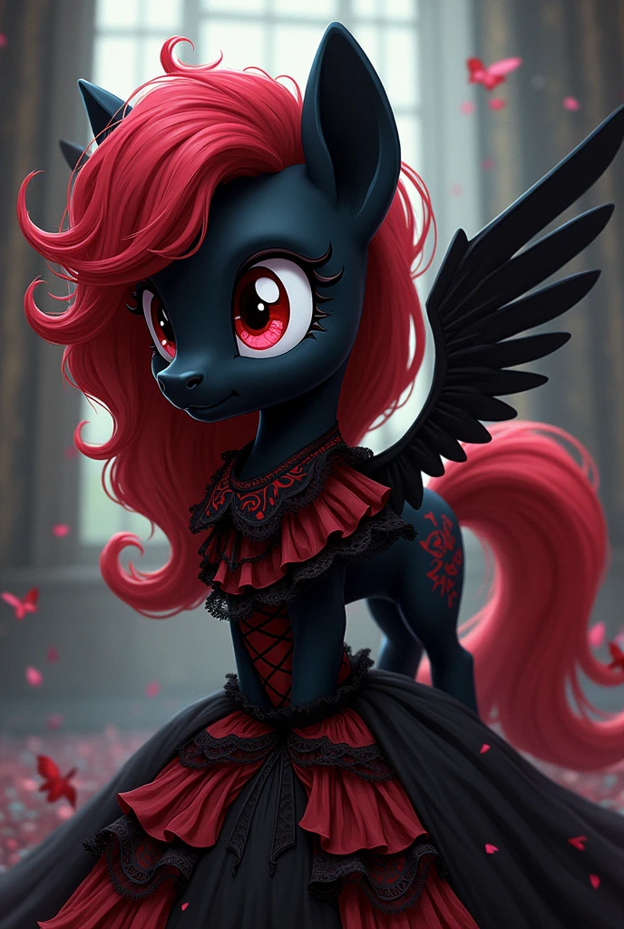 2d style my little pony original character with wings, no horn, gothic styled outfit with frills and lace, and a full, fluffy/messy mane & tail.
colors black & red
very detailed color design