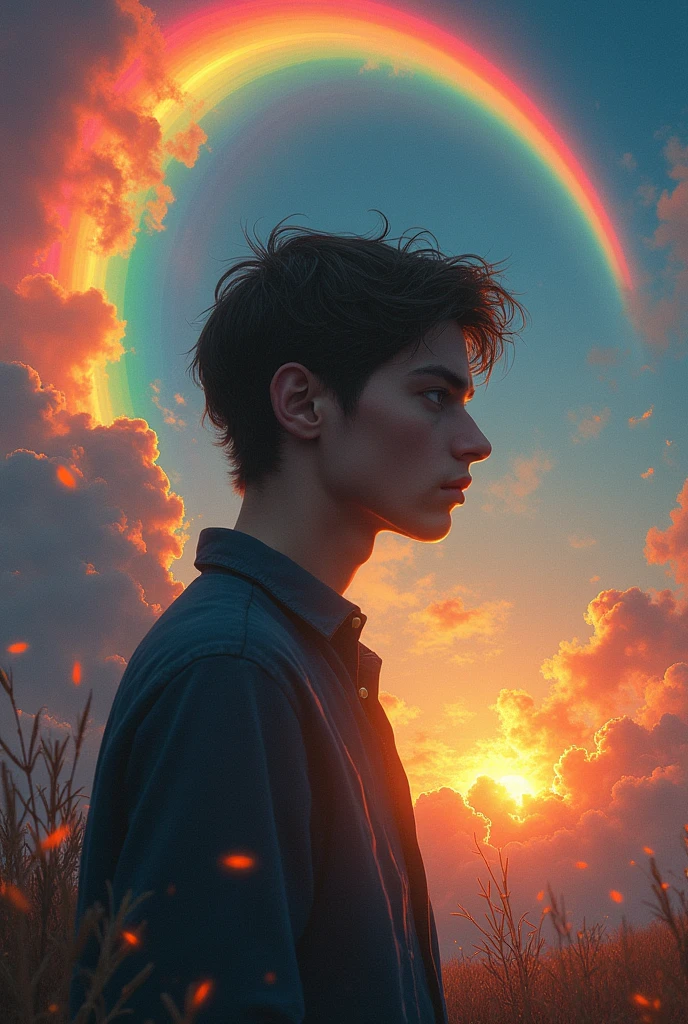 Create an image where the title says Thinking of you 2 with a rainbow in the background with fire also in the background