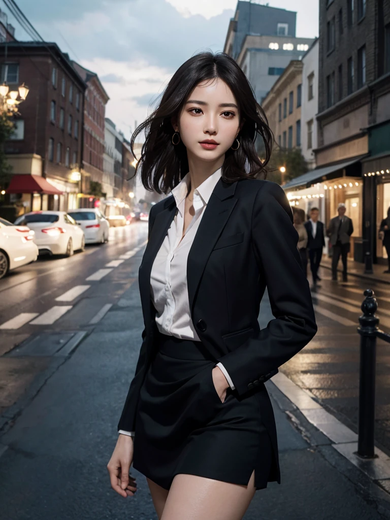 absurdres, RAW photo, extremely delicate and beautiful, masterpiece, Best Quality, ultra high resolution, 32k, hyper realistic, ultra-detailed, Very detailed CG 8k wallpaper, detailed background, landscape, Beautiful Lighting, Perfect Lightning, Realistic Shadows, perfect anatomy, anatomically correct, ideal ratio body proportions, perfect figure, Perfect Style, Perfect balance, super Detailed skin, in her 30s, very Slim body, narrow waist, very small head, very small face, delicate facial features, handsome detailed woman, very detailed eyes and face, realistic face proportions, Realistic beautiful face, Realistic beautiful eyes, tearful mole, earring, full body shot, whole body shot, very huge round tits, medium short hair, asymmetrical hair, wavy hair, full legs, whole legs, outdoor, business suit, blazer, skirt,