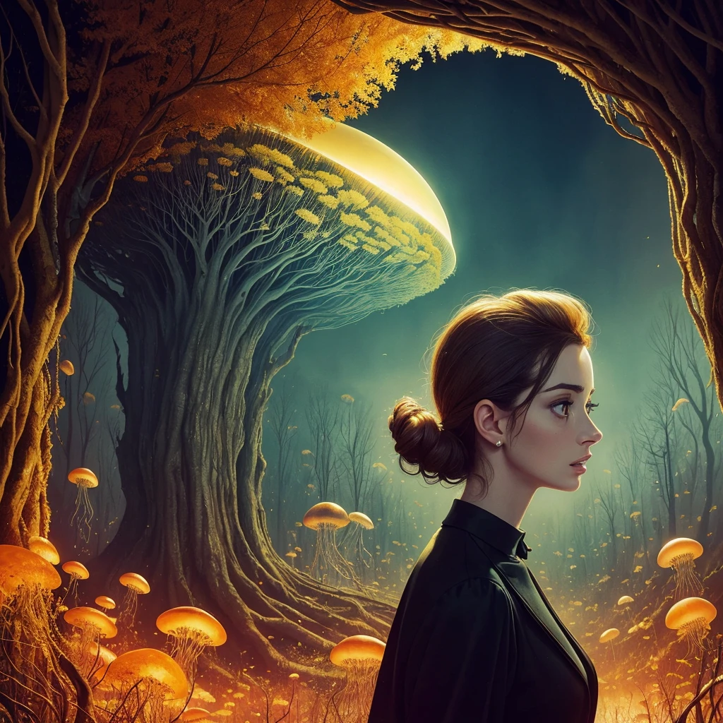 golden hour, paranormal activities, surreal portrait of a beautiful scared young woman with face of Audrey Hepburn morphed with Anne Hathaway screaming running away from taxes and dancing, colorful forrest with weird trees, cathedral, gigantic jellyfish ufo producing tornado whirlpool, psyhodelic horror mood, color pencil art in style of zdzisław beksiński