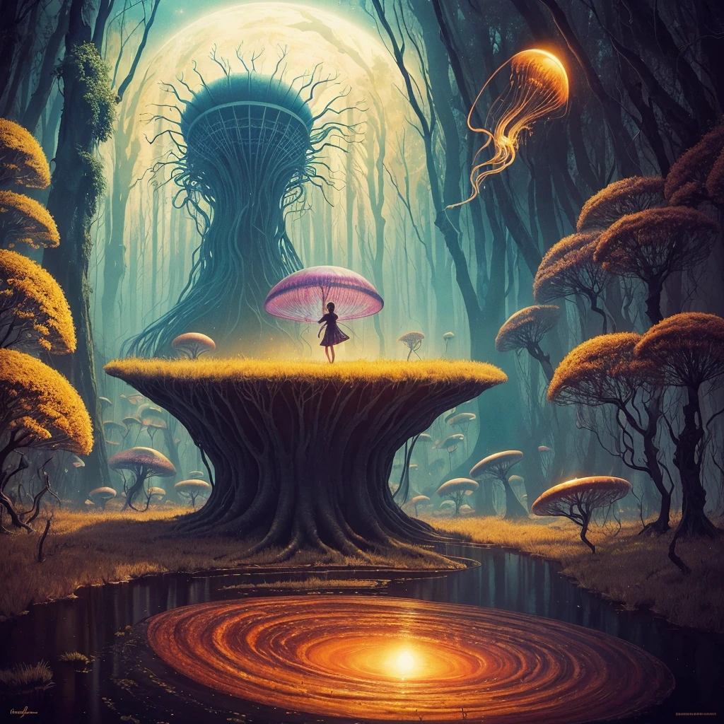 golden hour, paranormal activities, surreal portrait of a beautiful scared young woman with face of Audrey Hepburn morphed with Anne Hathaway screaming running away from taxes and dancing, colorful forrest with weird trees, cathedral, gigantic jellyfish ufo producing tornado whirlpool, psyhodelic horror mood, color pencil art in style of zdzisław beksiński