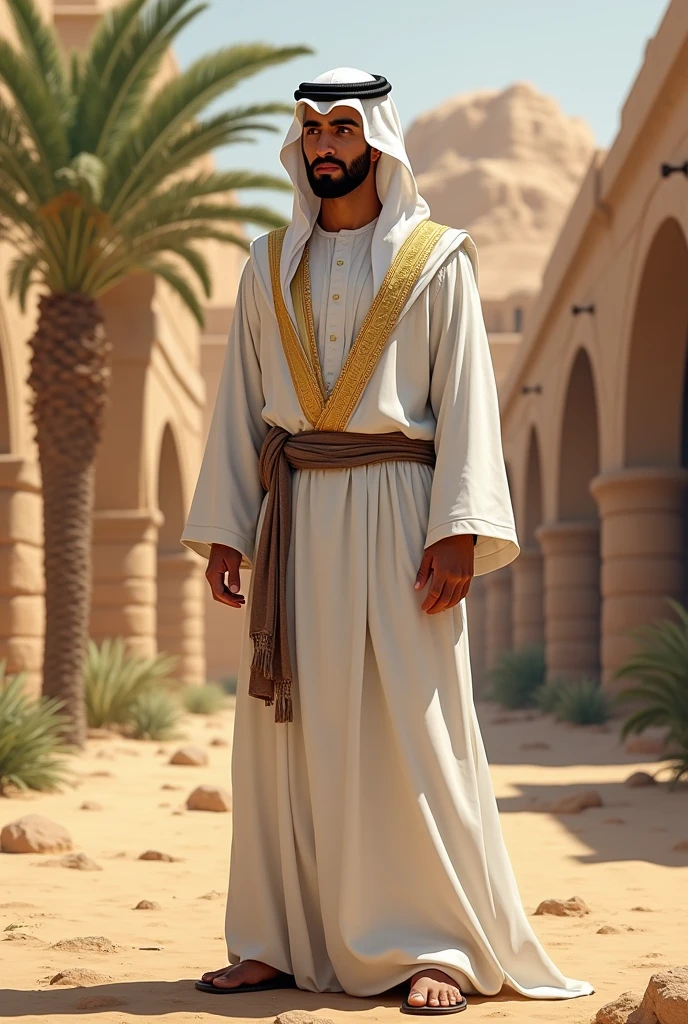 "Create an image of a man, based on the given photo, dressed in traditional Arabic clothing. He should be wearing a white thobe (a long robe) with a keffiyeh (a traditional headscarf) draped over his head, held in place by an agal (a black cord). The background should include an Arabic-style setting, such as an ancient desert city with sandstone buildings, intricate archways, and palm trees. The color palette should include warm tones like sandy beige, gold, and earthy browns."