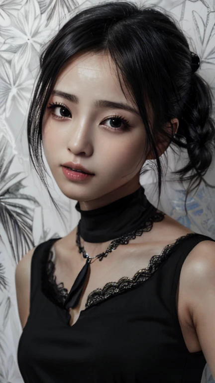 ((wallpaper 8k)), ((Surreal)), ((Quality in every detail:1.2)), 1 person, 14talent、Kind eyes、Fuller lips、Grey Hair、Malaise、Small breasts、Small breasts、black elegant dress,Black capelet, look up, Widespread poverty, Shortcuts、Shorthair Twin Tails、Black Hair、White skin、