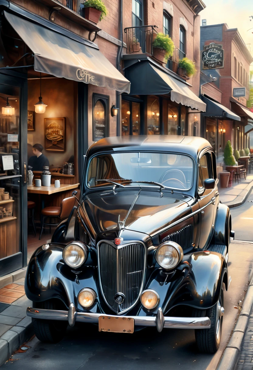 ( perfect anatomy )masterpiece, Exquisite, delicate, fresh and elegant aesthetic style airbrush digital oil painting exquisite artwork creates a refreshing morning coffee shop scene photo,
Black antique car(Unique style)Close-up of a vintage car( perfect anatomy ) Elegantly parked on the street next to a coffee shop.coffee shop scene masterpiece,
Very detailed, Realistic original photos, Best film quality, Extremely fine texture, High-quality work by a master artist