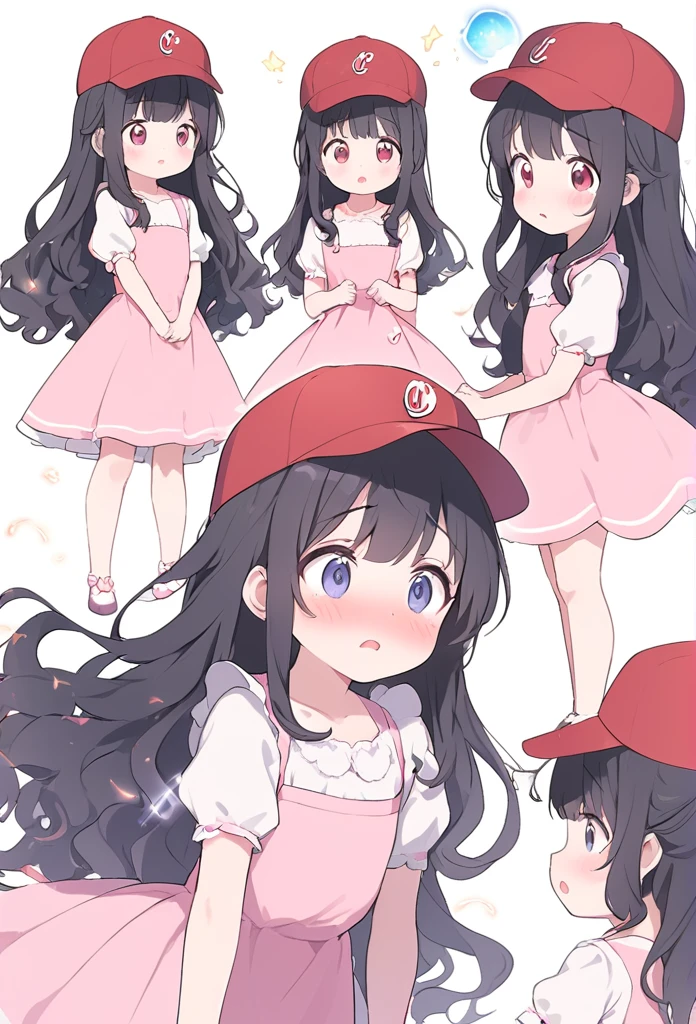 a man get transformed into a cute toddler girl, 3 years old, long hair, black hair, cute dress, pink dress, red baseball cap, cute underwear, confused, embarrassed, dress lift, magic, surpriced, multiple views, open mouth, 'M"