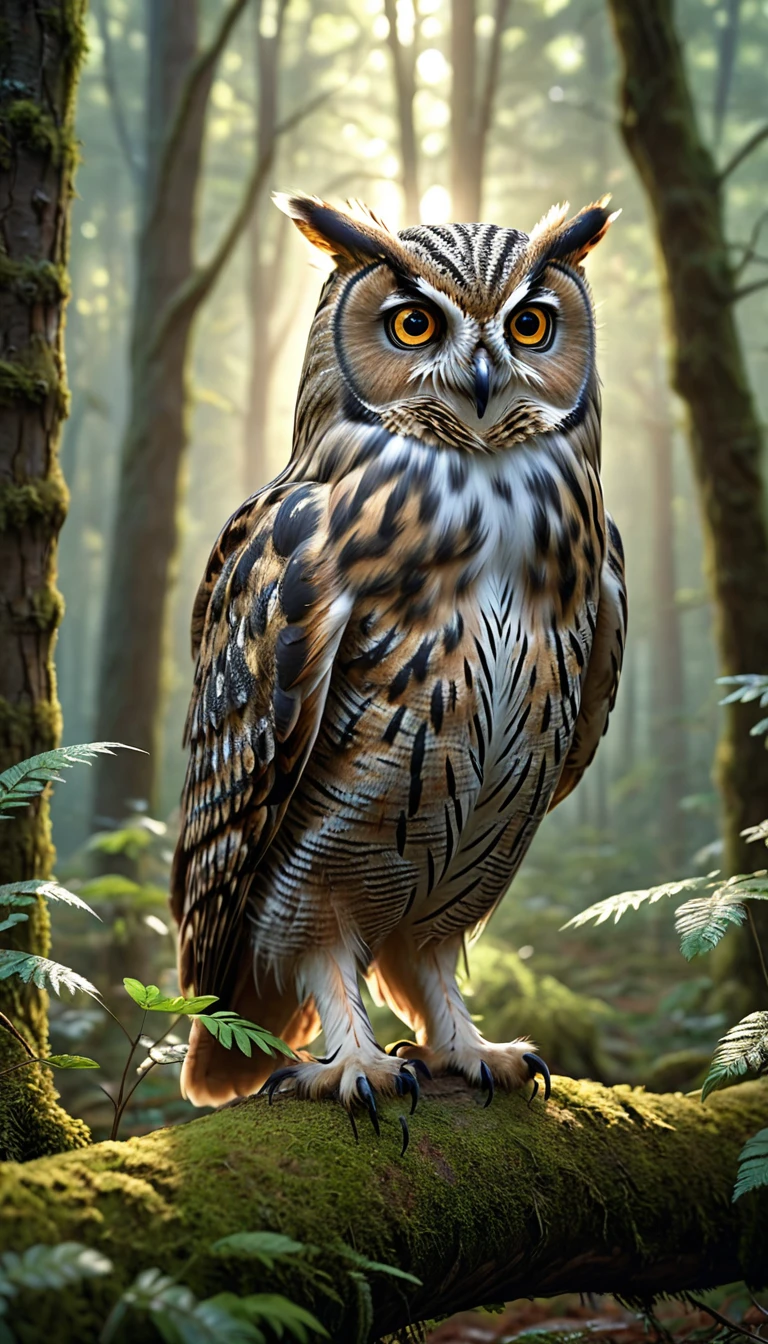 a person with a owl body and four eyes in a forest, highly detailed, (best quality,4k,8k,highres,masterpiece:1.2),ultra-detailed,(realistic,photorealistic,photo-realistic:1.37),extremely detailed animal, intricate patterns, realistic lighting