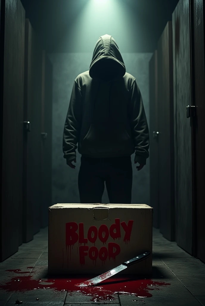 1.Background: Use a dark and moody background to create a suspenseful atmosphere.Hooded Figure: Place a person in a hoodie in the image, positioned slightly away so they are not clearly visible. Ensure a beam of light falls on the person from above, making them partially obscured to enhance the mysterious effect.Table Elements:Add a food delivery box that appears old or spoiled.Place a blood-stained knife next to the box adn write BloodyFood at the bottom of the image.  
Use a dark red font.Apply a dripping blood effect to the letters, making it look like blood is dripping from them.

2.**All Text Background the wall**:
- **Director and Production Info**: On the top part of the wall behind the man, in small text and in a style similar to thriller movie credits, write: "Directed by Shahriar Rizvi and Toto Action Team. This is a psycho-thriller crime short film. The image is an AI-generated poster for 'Bloody Food,' and there is no connection to reality. Many people are eagerly inquiring about the progress and conclusion of the video. We can say that the work is still ongoing and in the final stages. We are optimistic that the video will be released at the beginning of September!"

**Point 2 All Text Background the wall**