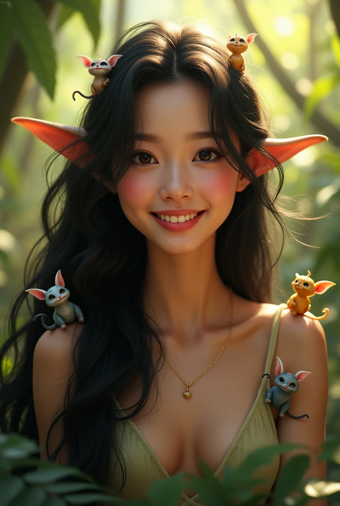 Hyper-realistic portrait,an asian woman,Long black hair,Smiling at the camera,The Jungle Book,Various cute elf creatures,The sun shines on me