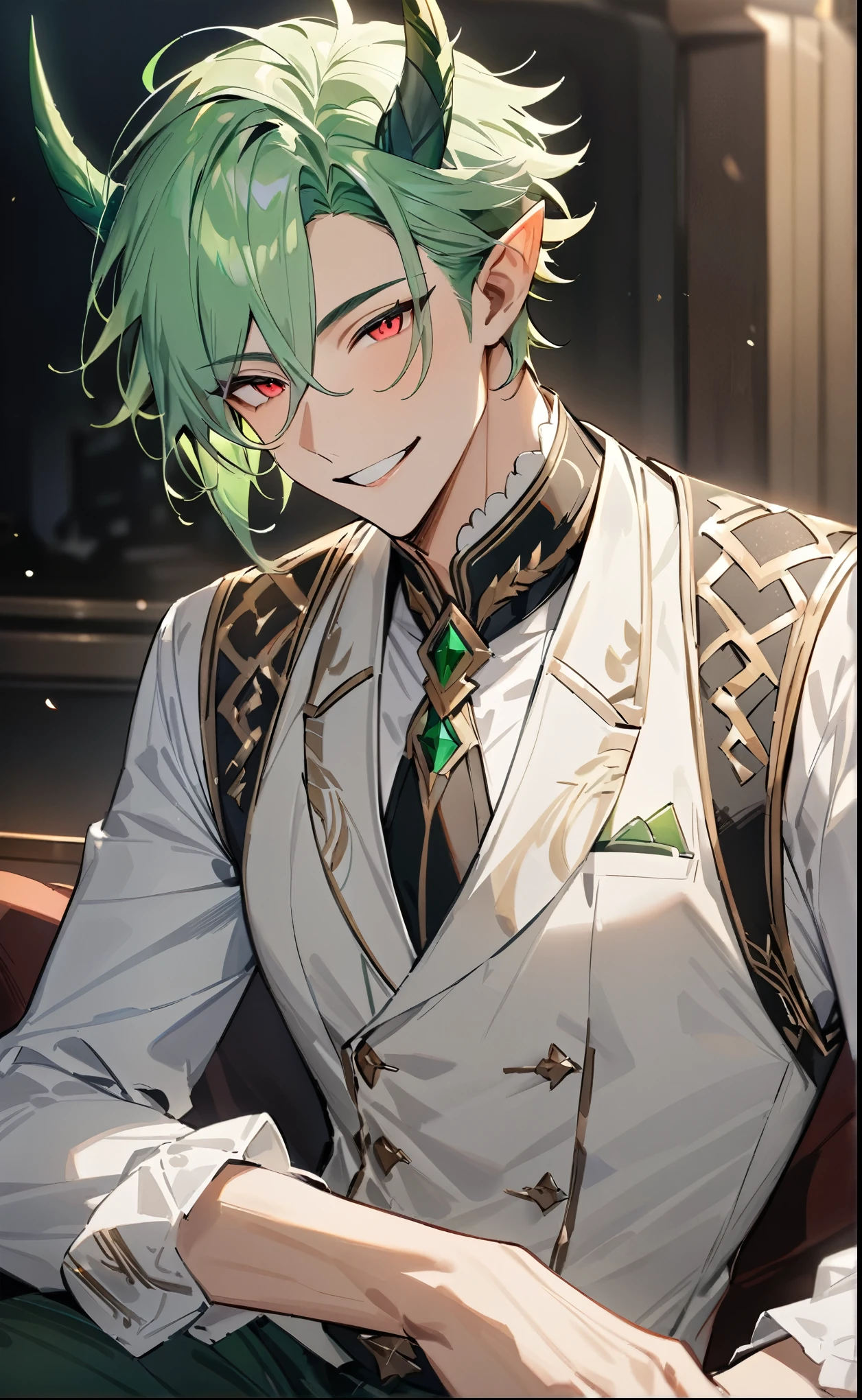 (masterpiece),(Highest quality), (Detailed),One Man,Has dark green horns,(Light green hair color),Asymmetrical short hair:1.2,vivid red eye:1.2,Elf Ears:1.2,(smile),white vest:1.1,dark green jeans:1.2,handsome man:1.2