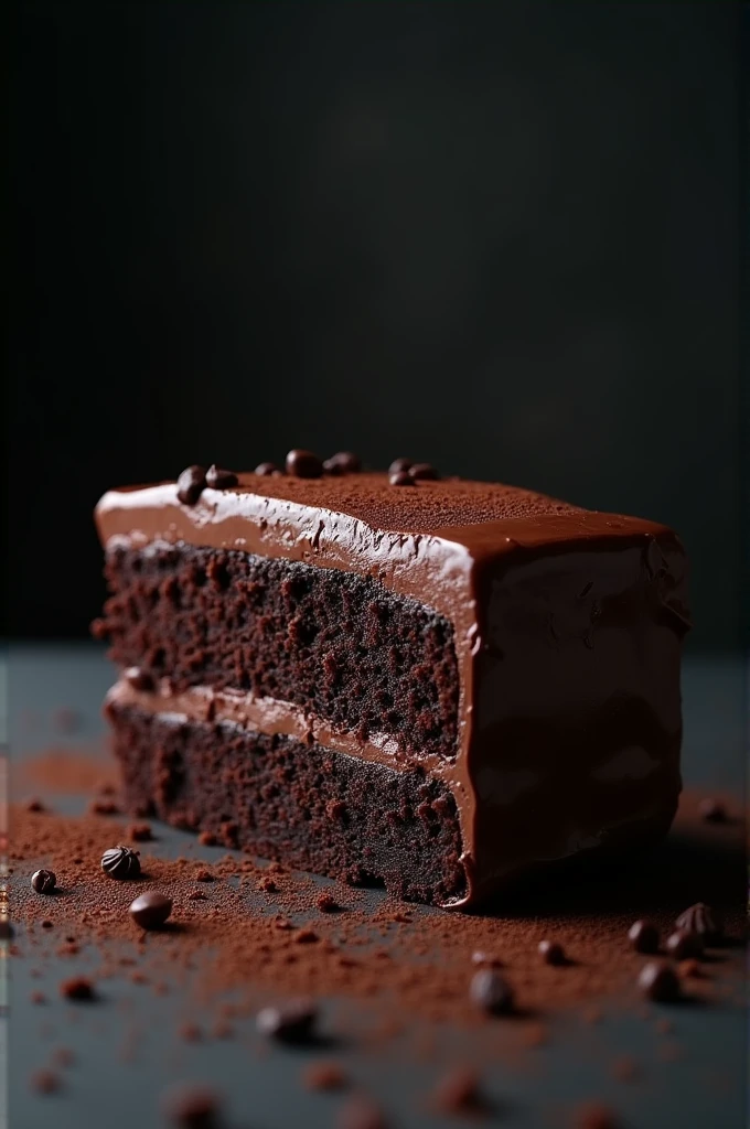 cinematic film still chocolate, chocolate cake, dark background, quality photo, moist texture, frosting, studio photo, slice . shallow depth of field, vignette, highly detailed, high budget, bokeh, cinemascope, moody, epic, gorgeous, film grain, grainy