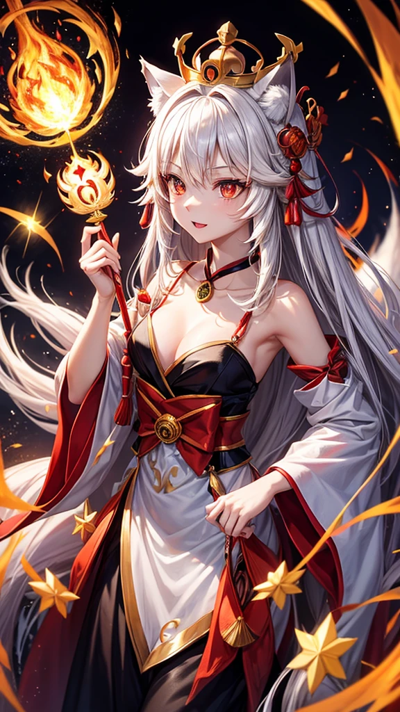 cute nine-tailed fox。A fox mask in one hand、a magic wand in the other hand。 High resolution, Red eyes, Very long hair, Golden Eyes, Open your mouth a little, tooth, crown, Sparkle Effect, moving line,