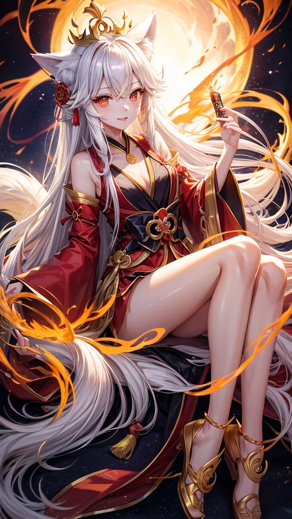 cute nine-tailed fox。A fox mask in one hand、a magic wand in the other hand。 High resolution, Red eyes, Very long hair, Golden Eyes, Open your mouth a little, tooth, crown, Sparkle Effect, moving line,