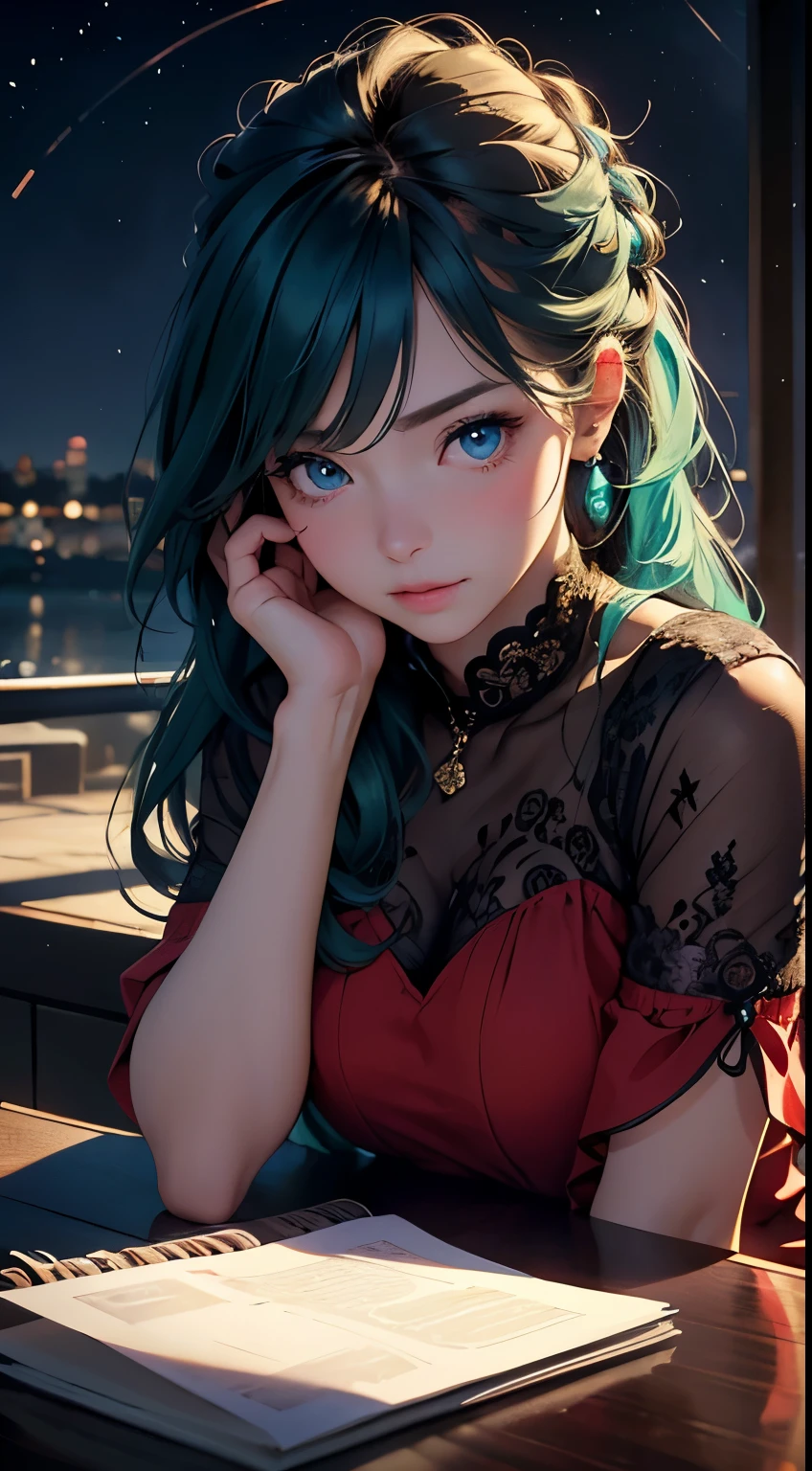(masterpiece),Highest quality, cute, nice, cute, Perfect Face, Expressive eyes, (((Extreme shading, Semi-realistic, Perfect light))), ((night, comfortable, Warm colors)), Red dress, Sensual, Braiding, Detailed Hair, Amazing hair, 4K, Amazing eyes, Green Hair, blue eyes, Semi-realistic, kind, feminine, delicate, Ephemeral,(soft), Very detailed, Vibrant colors, Abstract background, elegant, class, BREAK She is embarrassed, She is blushing, She is beautiful, cute画像, The image has dramatic lighting, the girl has soft hair