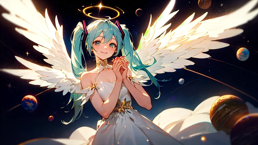 masterpiece, Highest quality, big hatsune miku,smile, White gown, Angel, Angel wings, Golden halo, Space Background, Upper Body,Small Earth,embrace the earth with both hands, Looking at the Earth