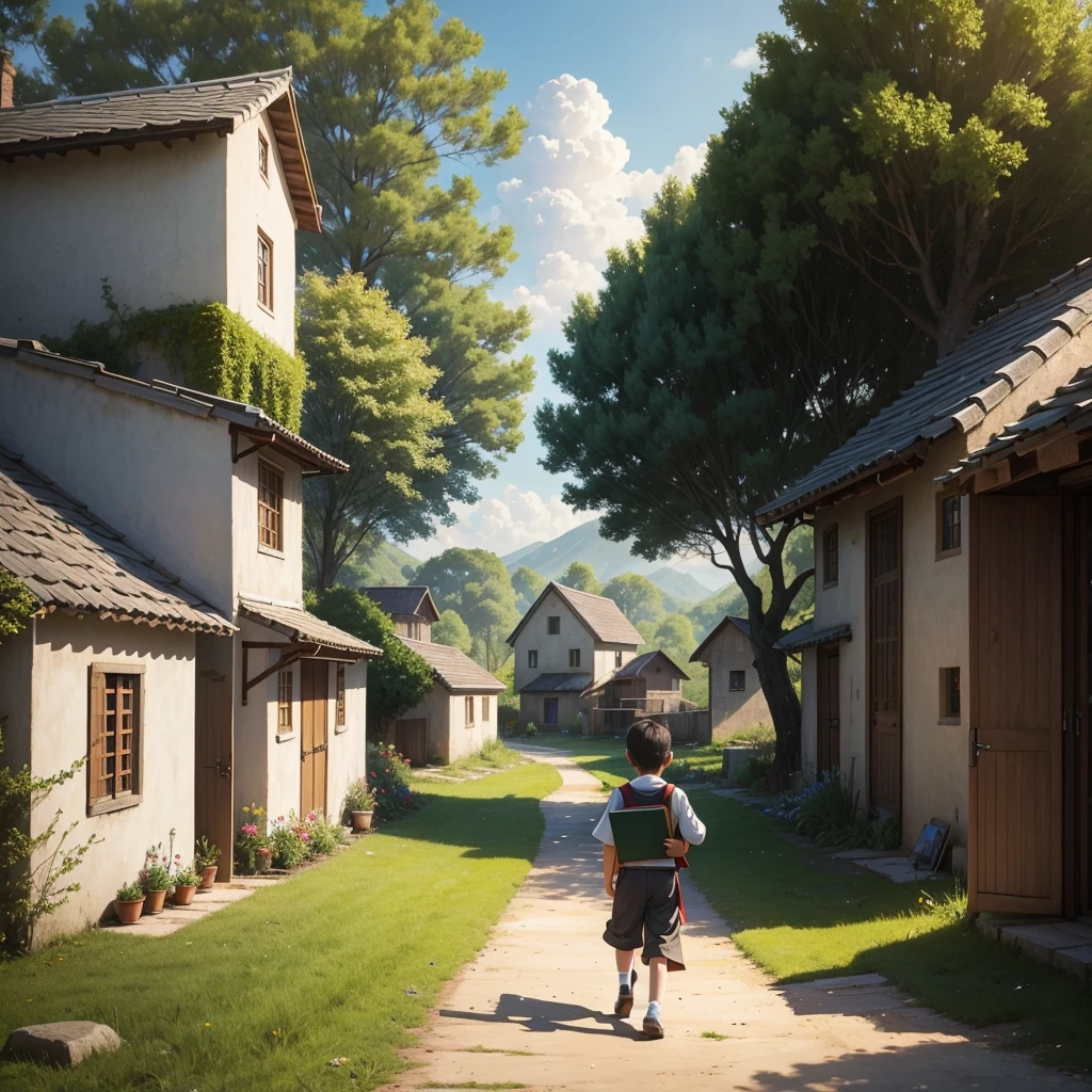 Opening Ceremony:
A picture of a small village full of nature. A young boy named “Bill” is walking in the backyard while holding a book.