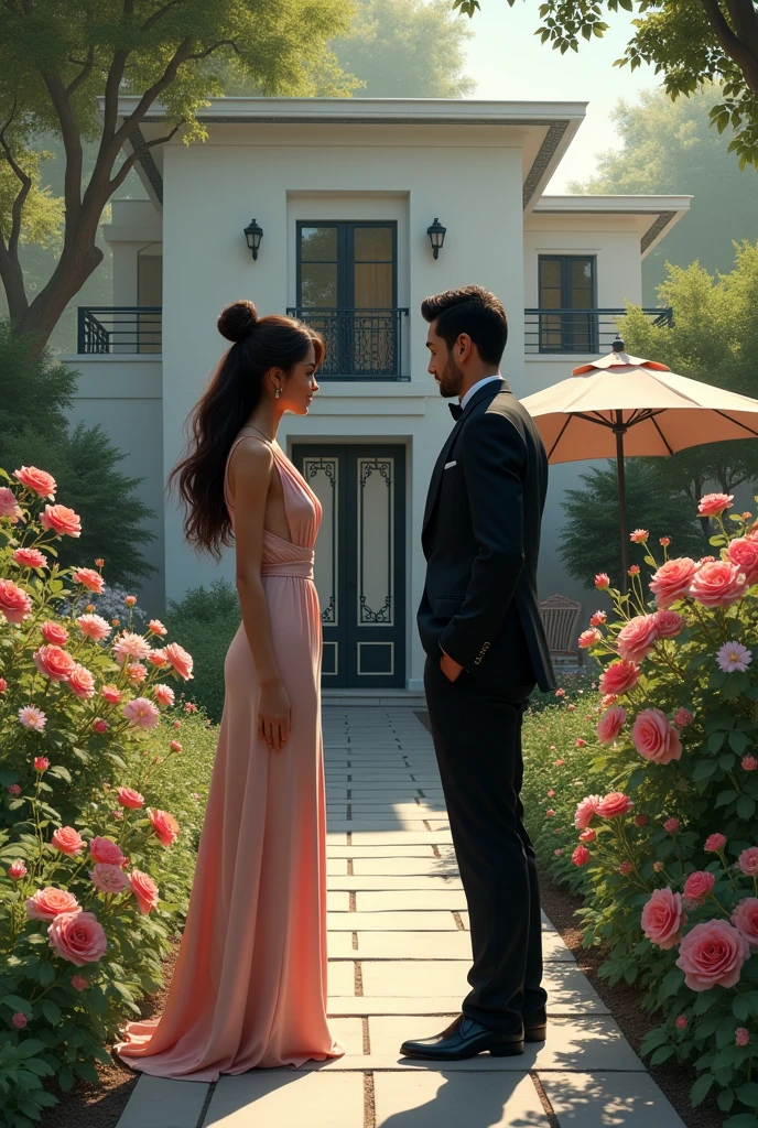 A garden full of roses, orchids, different varieties of flower in which one female with long frock suit and dark brown hair bun is talking with one male wearing black suit but their face is not visible. They are facing the bunch of red rose plant and standing a bit far from each other. Beside them there is a table with chair and umbrella. Behind them there is beautiful modern house with luxury gate and building