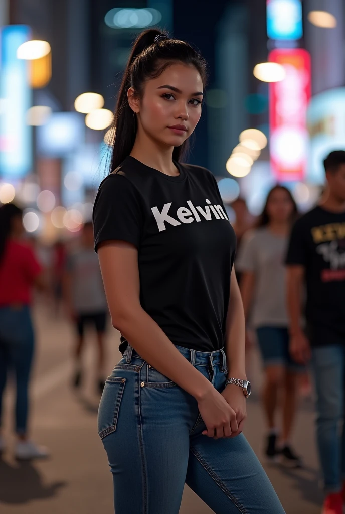 professional portrait photograph of a gorgeous 35years old white women, medium curve body(big breast), ponytail hair(shiny black), wearing casual tight t-shirts (printing with text kelvin)and tight jeans, (nike sneakers), many people at nights in the street)), car lights hit her, ultra realistic, highly detailed, sharp focus((full body)), depth of field, f/1. 8, 85mm, (((professionally color graded))), bright soft diffused light, trending on tiktok, hdr 4k, 8k