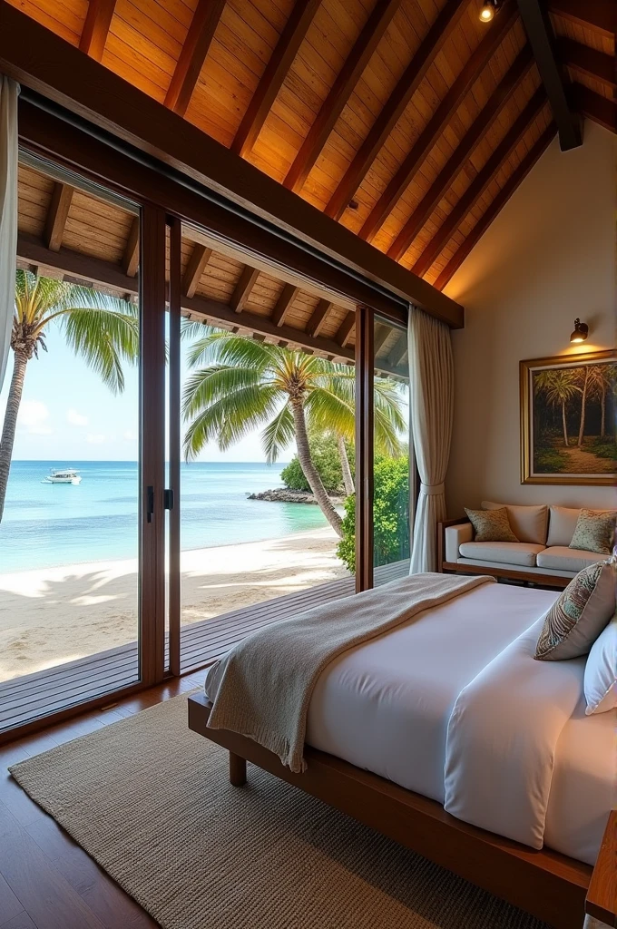 A luxurious bungy house  with bedrooms and sitting room with big tv screen , with lamp lights at beachfront and coconut trees At day view