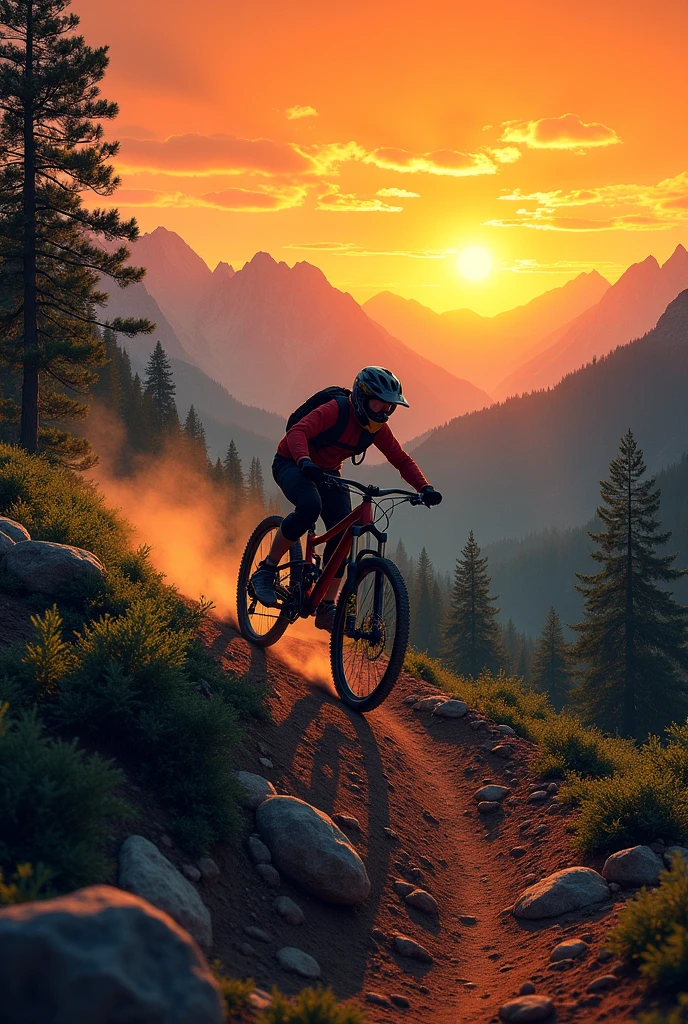 A cyclist riding a MTB down a mountain trail, with an orange sky, forests, and a brown land