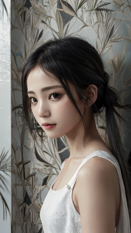 ((wallpaper 8k)), ((Surreal)), ((Quality in every detail:1.2)), 1 person, 14talent、Kind eyes、Fuller lips、Grey Hair、Malaise、Small breasts、Small breasts、black elegant dress,Black capelet, look up, Widespread poverty, Shortcuts、Shorthair Twin Tails、Black Hair、White skin、