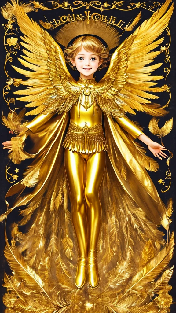 、gold、Feather、front、whole body、smile、Angel、goldの空,6 years