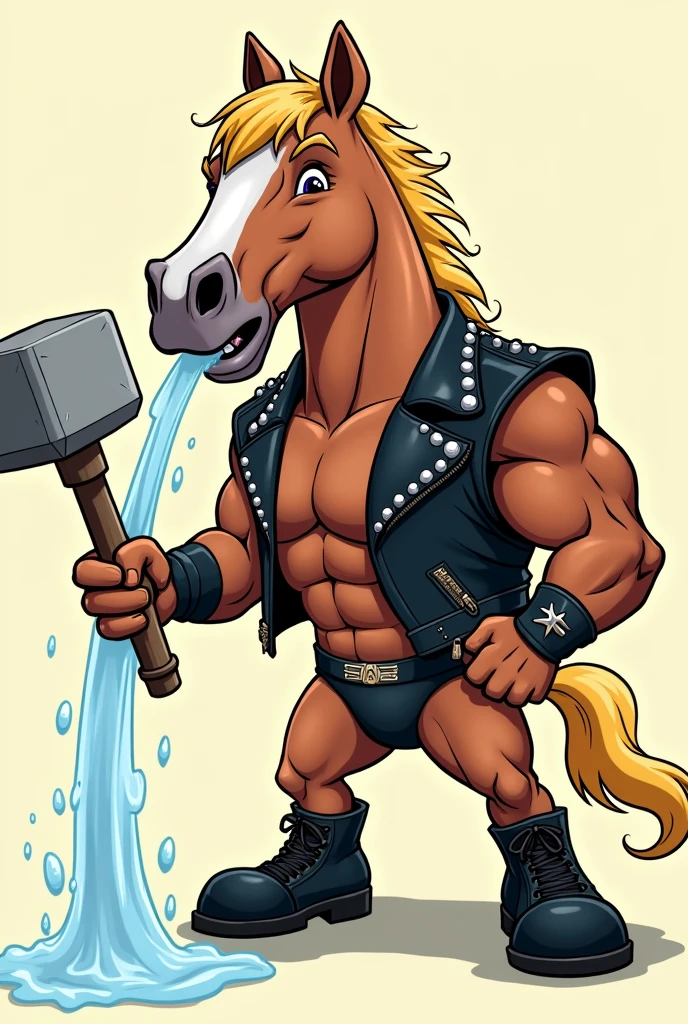 cartoon horse dressed like wrestler Hunter Hearst Helmsley with blonde hair, wearing a biker jacket, holding a sledgehammer, and spraying water out of mouth