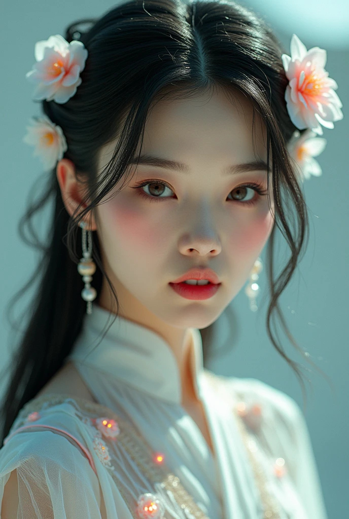 Create a description for a female model with distinct Asian features. She has a smooth, porcelain complexion, almond-shaped eyes, and long, sleek hair. Her look combines traditional elegance with a modern, futuristic touch, showcasing advanced AI-inspired aesthetics such as a subtle, otherworldly glow and cutting-edge fashion elements."