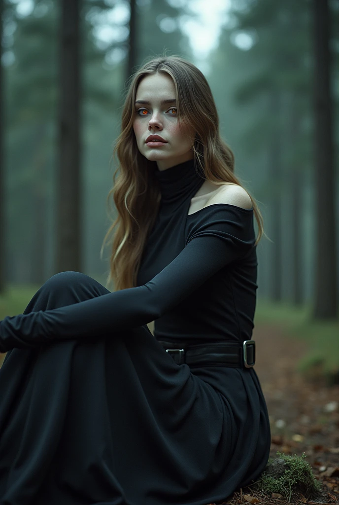 Fashionable of androgynous alien looking witch, glowing eyes, beautiful evil slavic muscular woman, pale skin, long light brown hair, light smile, futuristic design, minimal details, givenchy, photoreal, 200mm, hd, f/ 2.0, sitting in a gloomy spruce forest, highly detailed, surreal , drop dead, in the style of red and blue, (intricate details, hyperdetailed:1.15) (skin texture:1.2), cinematic, professional, 4k, (((dynamic model pose))), full body, mesmerizing, dynamic, dramatic, sensual, dynamic pose, highly detailed skin with hair, subcutaneous veins, light and shadow play, highly detailed,24mm photograph, film, bokeh, professional, 4k,