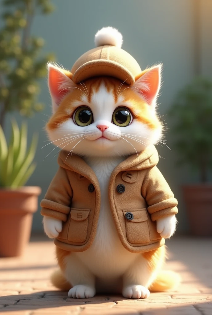 "Realistic and cute cat standing on its hind legs, Face directly ahead, She's wearing a cute outfit and a matching hat. The cat has soft fur with a mixture of white and light brown spots.. Stylish and attractive clothing, Increase the cuteness of your cat. The background is simple and slightly blurred.、Focus on the cat. The lighting is natural, Adds softness to fur and clothing, Warm glow. Cats are playful、Has a friendly look, big, Round eyes staring straight ahead."